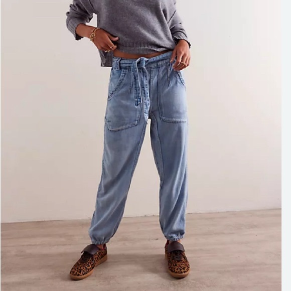 We The Free Denim - We the Free glitch drop pull on belted jogger boho faded jeans Free People